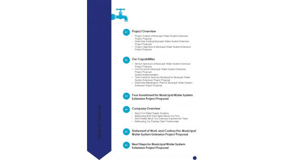 Municipal Water System Extension Project Proposal Table Of Contents One Pager Sample Example Document Municipal Water System Extension Project Proposal Table Of Contents One Pager Sample Example Document