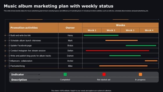 Music Album Marketing Plan With Weekly Status Summary PDF