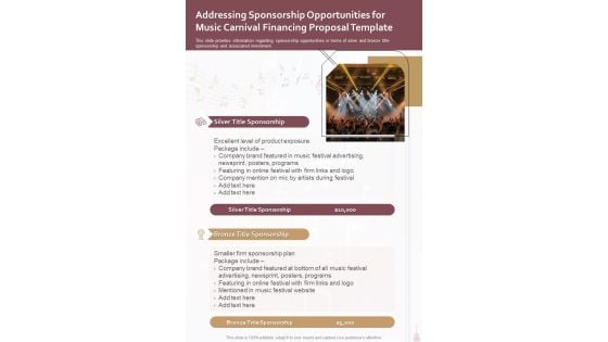 Music Carnival Financing Addressing Sponsorship Opportunities One Pager Sample Example Document