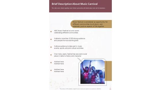 Music Carnival Financing Proposal Template Brief Description About One Pager Sample Example Document