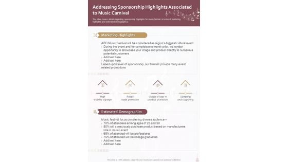 Music Carnival Financing Template Addressing Sponsorship Highlights One Pager Sample Example Document