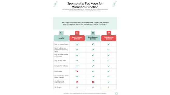 Musicians Function Proposal Sponsorship Package For Musicians One Pager Sample Example Document