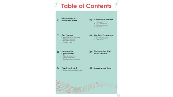 Musicians Function Proposal Table Of Contents One Pager Sample Example Document