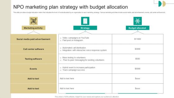 NPO Marketing Plan Strategy With Budget Allocation Portrait PDF