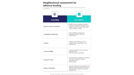 Neighborhood Assessment For Alliance Funding One Pager Sample Example Document