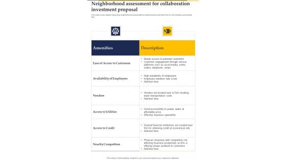 Neighborhood Assessment For Collaboration Investment Proposal One Pager Sample Example Document Neighborhood Assessment For Collaboration Investment Proposal One Pager Sample Example Document