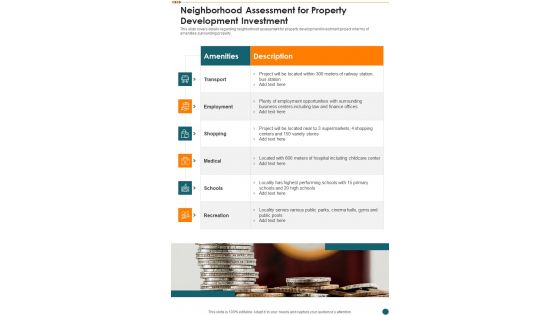 Neighborhood Assessment For Property Development Investment One Pager Sample Example Document