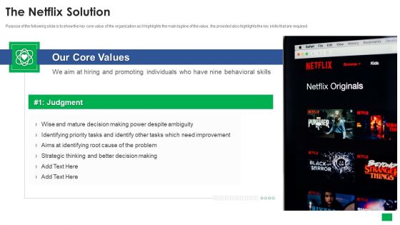 Netflix Capital Funding Elevator Pitch Deck The Netflix Solution Values Icons PDF