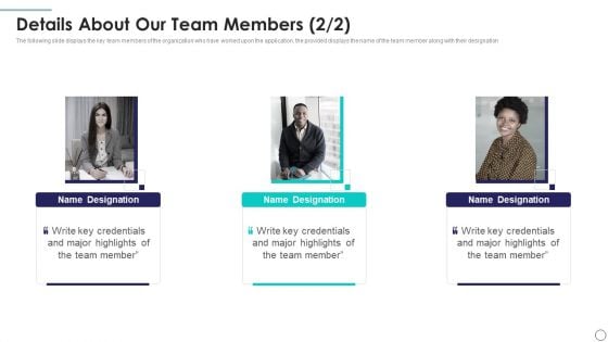 New Application Investment Presentation Details About Our Team Members Graphics PDF