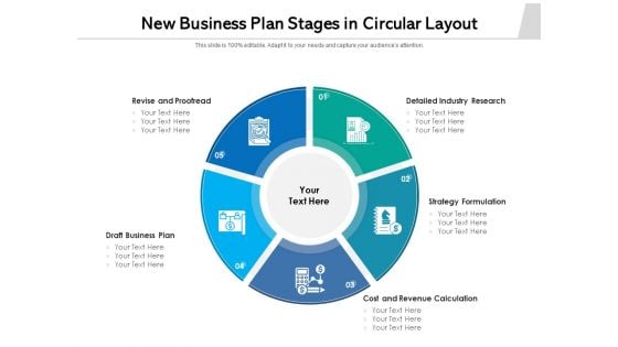 New Business Plan Stages In Circular Layout Ppt PowerPoint Presentation Summary Design Templates PDF