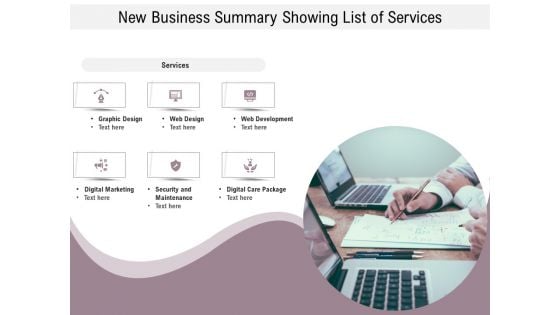 New Business Summary Showing List Of Services Ppt PowerPoint Presentation File Graphic Images PDF