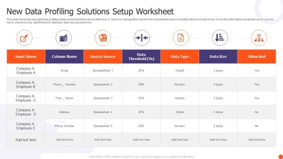 New Data Profiling Solutions Setup Worksheet Ppt Infographics Ideas PDF