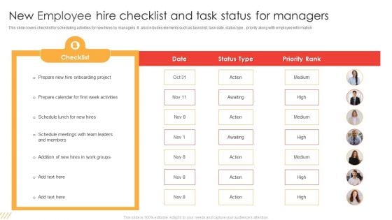 New Employee Hire Checklist And Task Status For Managers Ppt Slides Graphics Design PDF