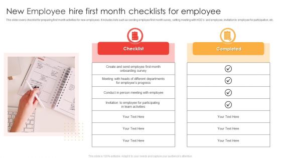 New Employee Hire First Month Checklists For Employee Ppt Show Design Inspiration PDF