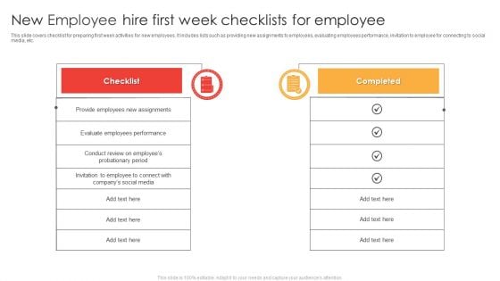 New Employee Hire First Week Checklists For Employee Ppt Slides Inspiration PDF