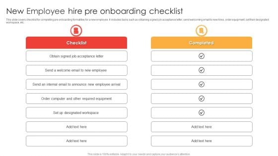 New Employee Hire Pre Onboarding Checklist Ppt File Format Ideas PDF