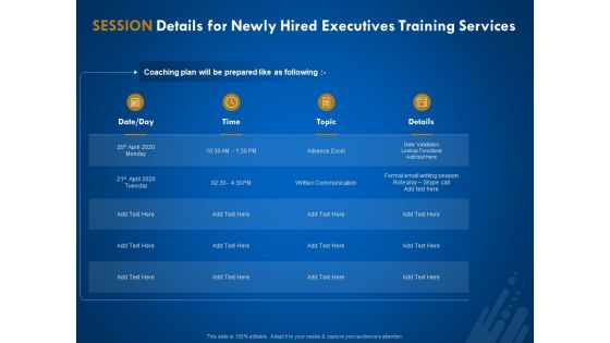 New Employee Onboard Session Details For Newly Hired Executives Training Services Ppt Styles Slide Portrait PDF