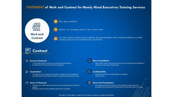 New Employee Onboard Statement Of Work And Contract For Newly Hired Executives Training Services Ppt File Design Templates PDF