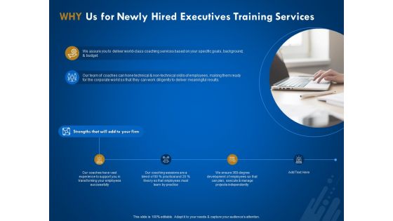 New Employee Onboard Why Us For Newly Hired Executives Training Services Ppt Professional Visual Aids PDF