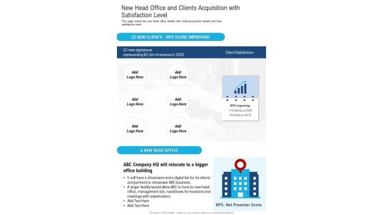 New Head Office And Clients Acquisition With Satisfaction Level One Pager Documents