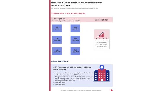 New Head Office And Clients Acquisition With Satisfaction Level Template 286 One Pager Documents