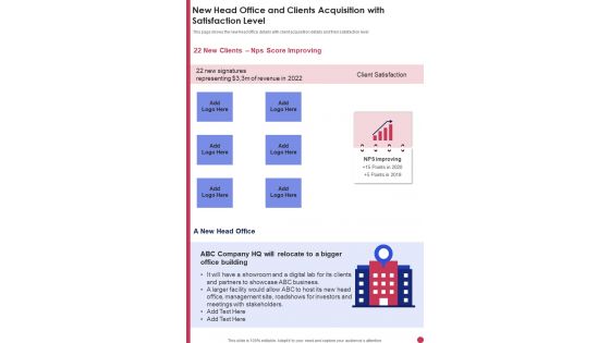 New Head Office And Clients Acquisition With Satisfaction Level Template 286 One Pager Documents New Head Office And Clients Acquisition With Satisfaction Level Template 286 One Pager Documents