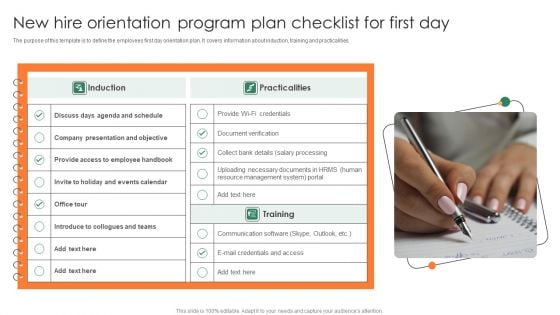 New Hire Orientation Program Plan Checklist For First Day Formats PDF