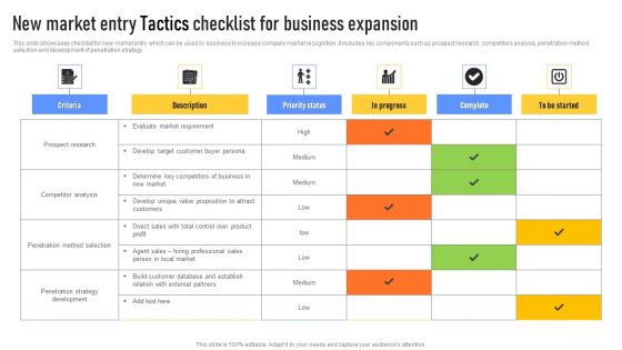 New Market Entry Tactics Checklist For Business Expansion Structure PDF