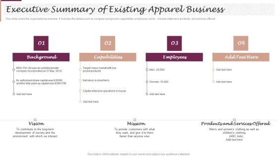 New Market Segment Entry Plan Executive Summary Of Existing Apparel Business Summary PDF