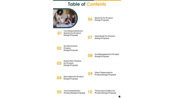 New Product Development Proposal Table Of Contents One Pager Sample Example Document