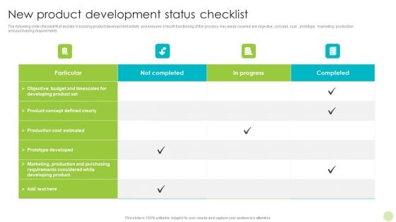 New Product Development Status Checklist Ideas PDF