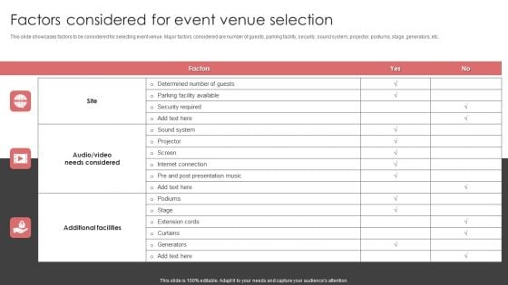 New Product Launch Event Management Activities Factors Considered For Event Venue Selection Diagrams PDF New Product Launch Event Management Activities Factors Considered For Event Venue Selection Diagrams PDF