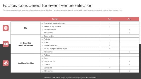 New Product Launch Event Management Activities Factors Considered For Event Venue Selection Diagrams PDF