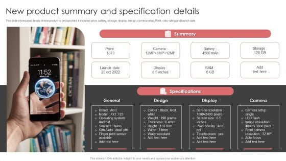 New Product Launch Event Management Activities New Product Summary And Specification Details Background PDF