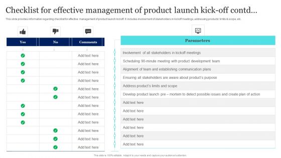 New Product Launch To Market Playbook Checklist For Effective Management Of Product Launch Kick Off Summary PDF