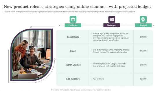 New Product Release Strategies Using Online Channels With Projected Budget Ppt PowerPoint Presentation Portfolio