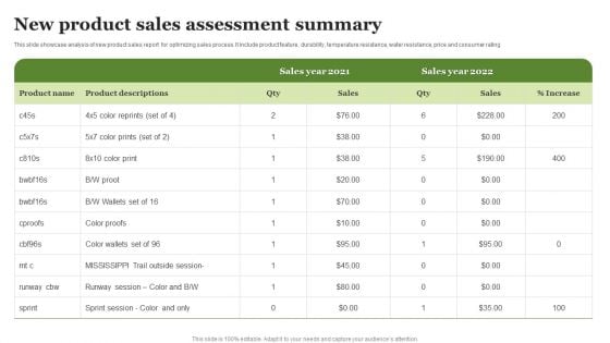 New Product Sales Assessment Summary Ppt PowerPoint Presentation Styles Files PDF