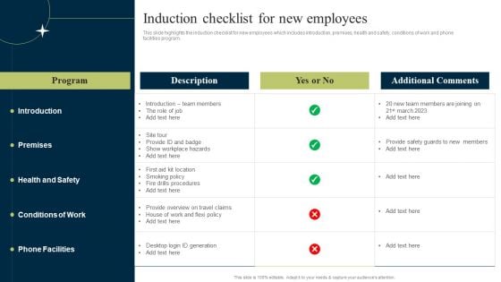 New Staff Onboarding Program Induction Checklist For New Employees Diagrams PDF