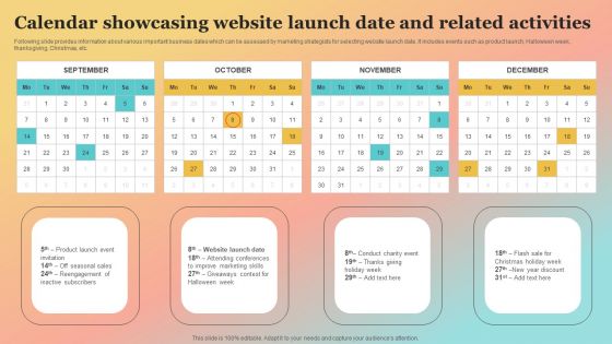 New Website Launch Strategy Calendar Showcasing Website Launch Date And Related Activities Summary PDF