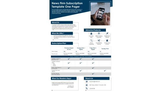 News Firm Subscription Template One Pager PDF Document PPT Template