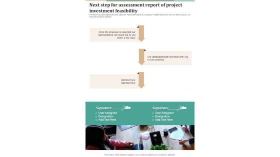 Next Step For Assessment Report Of Project Investment Feasibility One Pager Sample Example Document Next Step For Assessment Report Of Project Investment Feasibility One Pager Sample Example Document