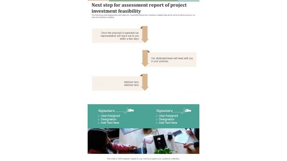 Next Step For Assessment Report Of Project Investment Feasibility One Pager Sample Example Document