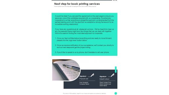 Next Step For Book Printing Services One Pager Sample Example Document