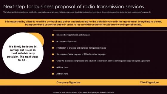 Next Step For Business Proposal Of Radio Transmission Services Slides PDF