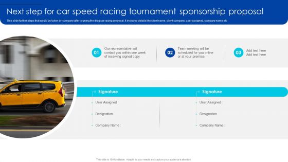 Next Step For Car Speed Racing Tournament Sponsorship Proposal Diagrams PDF