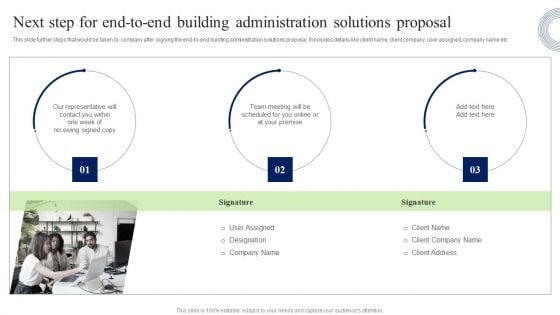 Next Step For End To End Building Administration Solutions Proposal Infographics PDF
