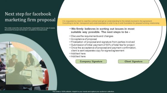 Next Step For Facebook Marketing Firm Proposal Ppt Model Show PDF