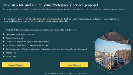 Next Step For Land And Building Photography Service Proposal Ppt Outline Example PDF