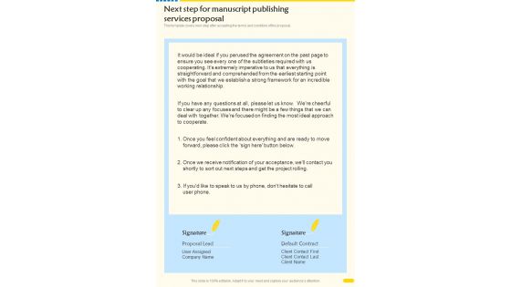 Next Step For Manuscript Publishing Services Proposal One Pager Sample Example Document