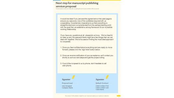 Next Step For Manuscript Publishing Services Proposal One Pager Sample Example Document Next Step For Manuscript Publishing Services Proposal One Pager Sample Example Document